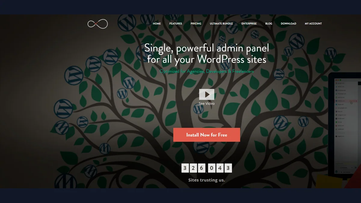 InfiniteWP official website presenting its self-hosted WordPress management panel