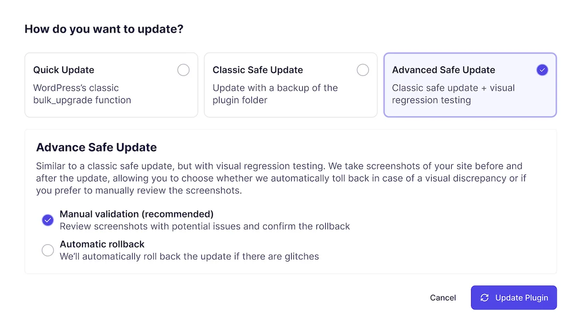 WP Umbrella interface for selecting quick, classic safe, or advanced safe updates