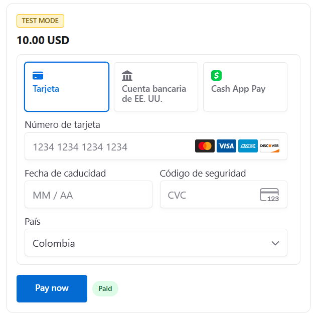 Stripe payment field in test mode with card payment and Paid status