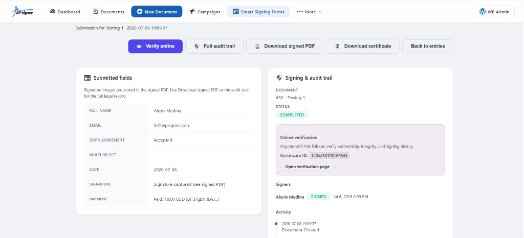 Completed Smart Signing Forms submission with verify online, audit trail, signed PDF, and certificate downloads