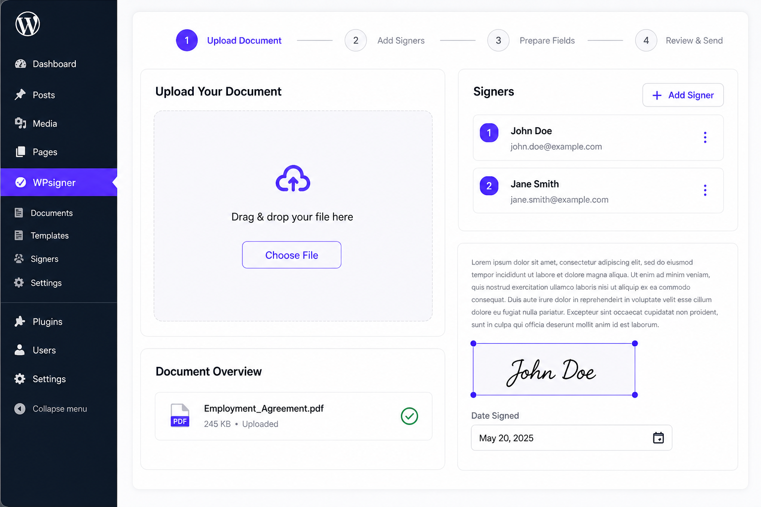 WPsigner document upload wizard, step 1 of 4